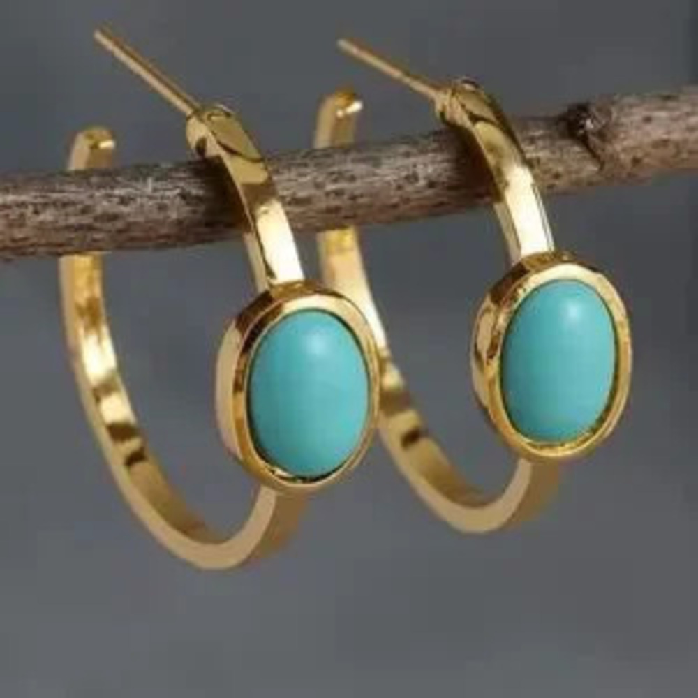 Retro Gold and Turquoise Hoop Earrings